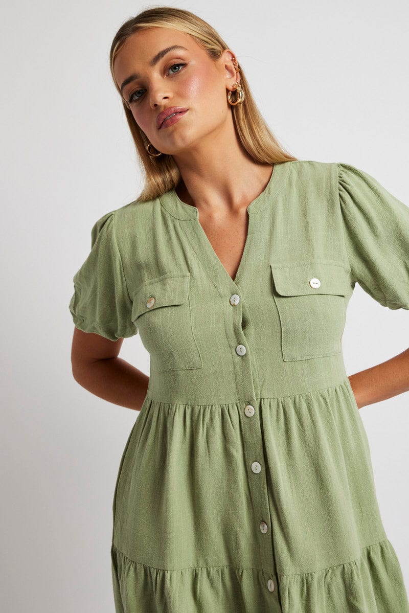 Green Button Through Mini Dress Collar Linen Blend for Ally Fashion