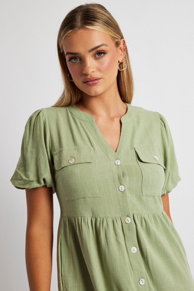 Green Button Through Mini Dress Collar Linen Blend Ally Fashion 5697