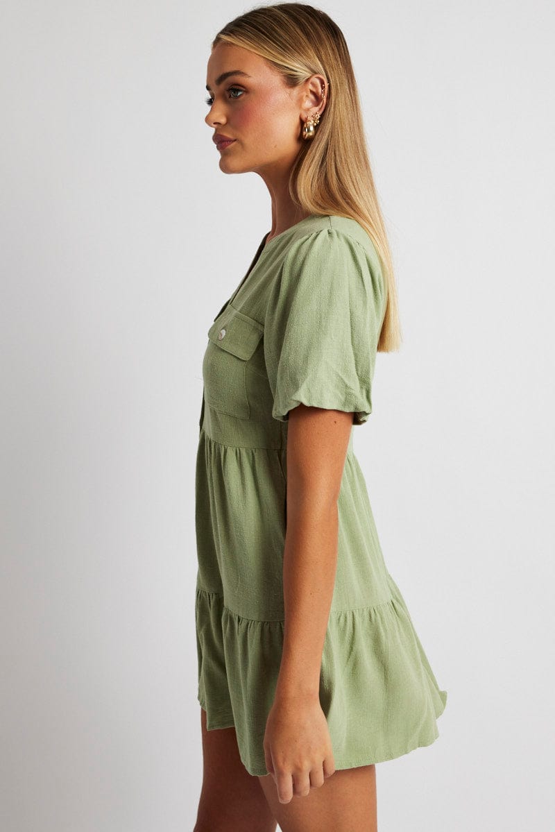 Green Button Through Mini Dress Collar Linen Blend for Ally Fashion