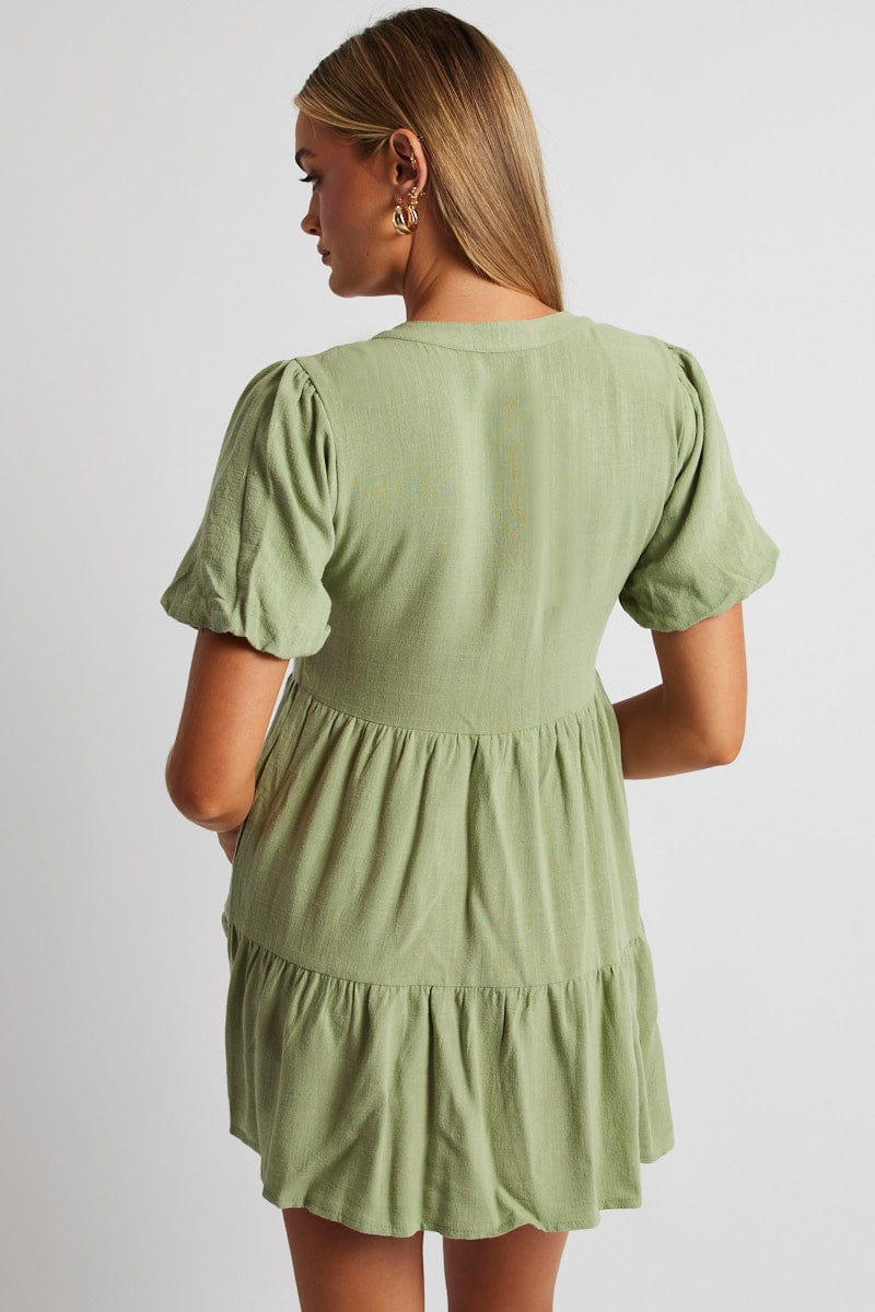 Green Button Through Mini Dress Collar Linen Blend for Ally Fashion