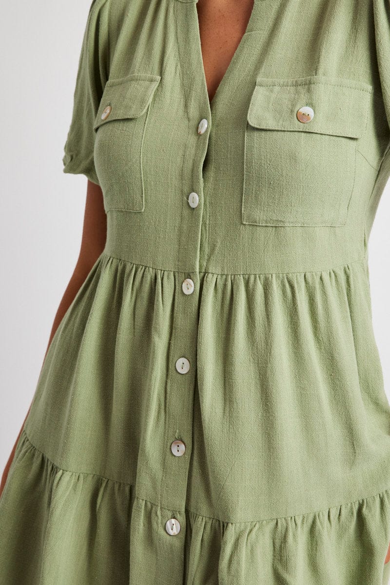 Green Button Through Mini Dress Collar Linen Blend for Ally Fashion