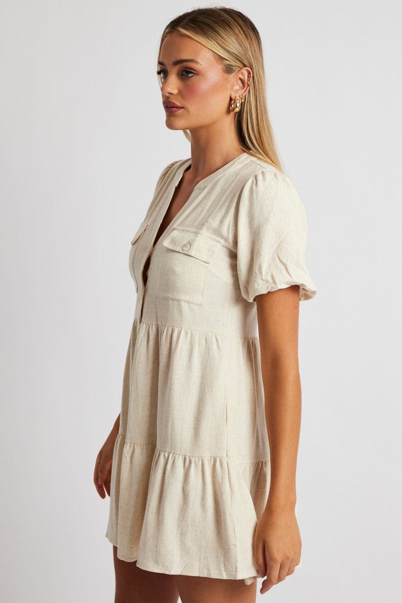 Beige Button Through Mini Dress Collar Linen Blend for Ally Fashion