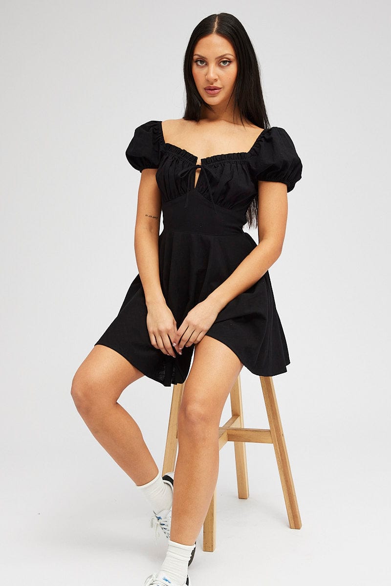 Black Fit And Flare Dress Puff Sleeve Mini for Ally Fashion