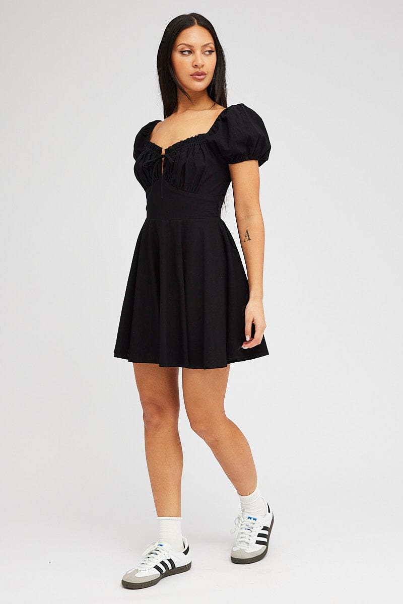 Black Fit And Flare Dress Puff Sleeve Mini for Ally Fashion