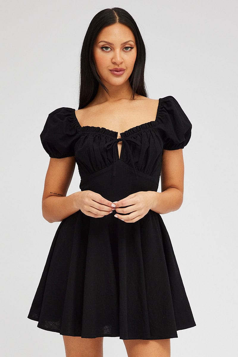 Black Fit And Flare Dress Puff Sleeve Mini for Ally Fashion