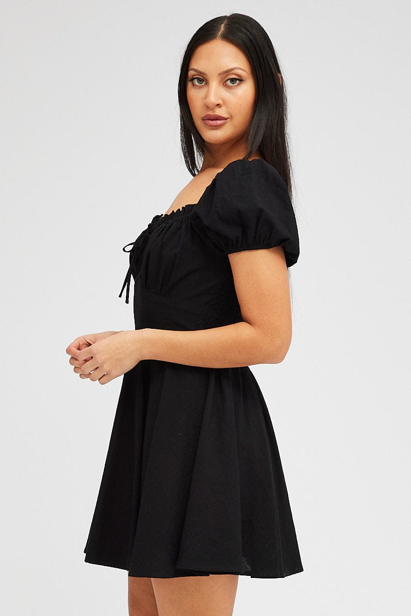 Black Fit And Flare Dress Puff Sleeve Mini for Ally Fashion