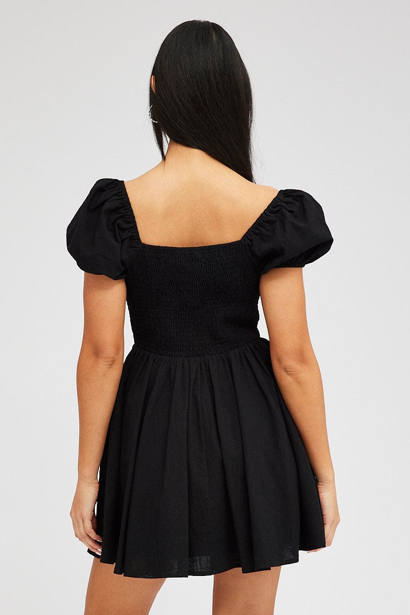 Black Fit And Flare Dress Puff Sleeve Mini for Ally Fashion