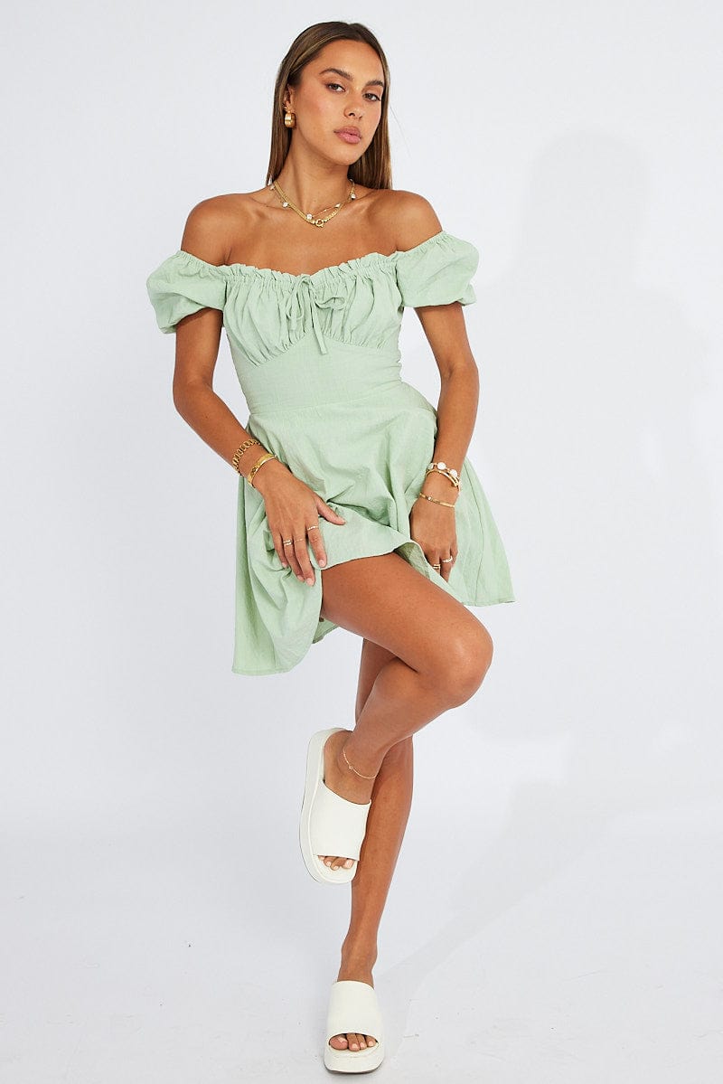 Green Fit And Flare Dress Puff Sleeve Mini for Ally Fashion