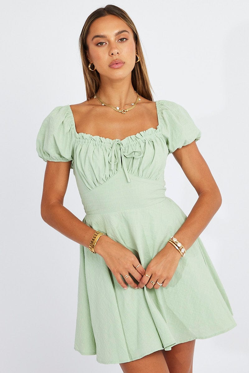 Green Fit And Flare Dress Puff Sleeve Mini for Ally Fashion