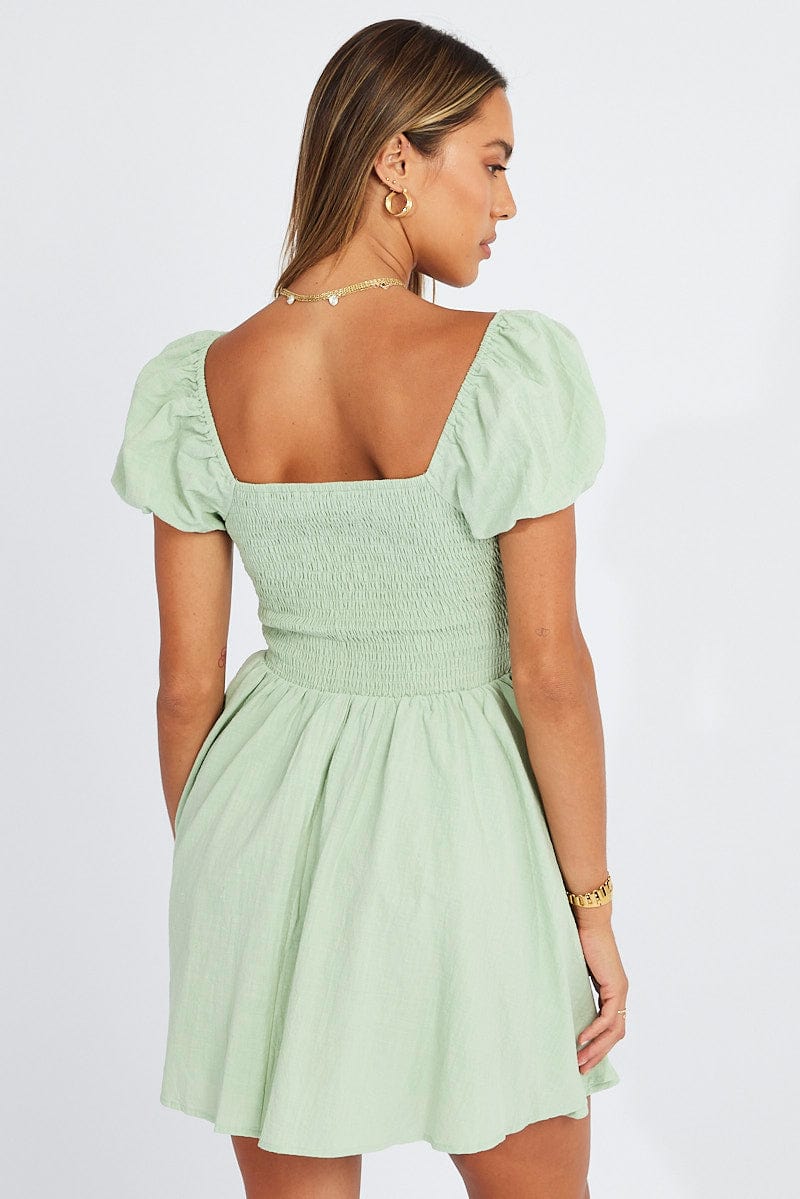 Green Fit And Flare Dress Puff Sleeve Mini for Ally Fashion