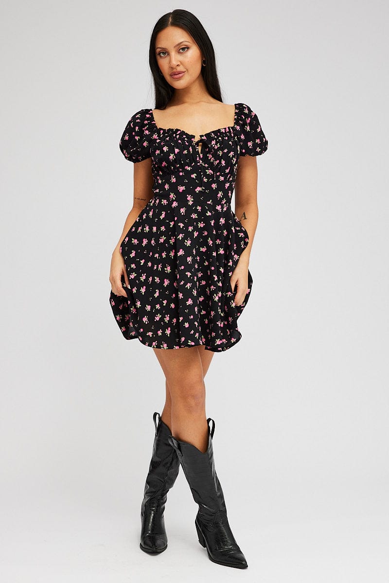 Black Floral Fit And Flare Dress Puff Sleeve Mini for Ally Fashion