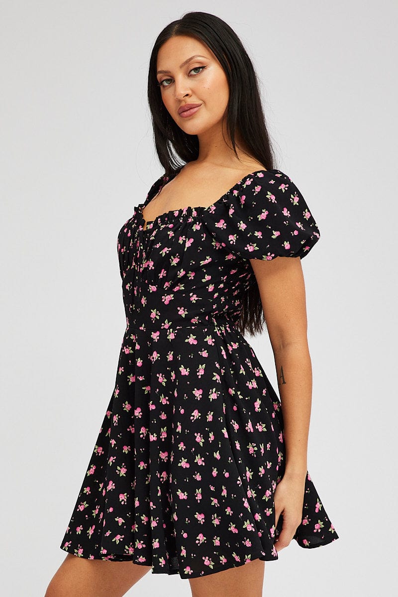 Black Floral Fit And Flare Dress Puff Sleeve Mini | Ally Fashion