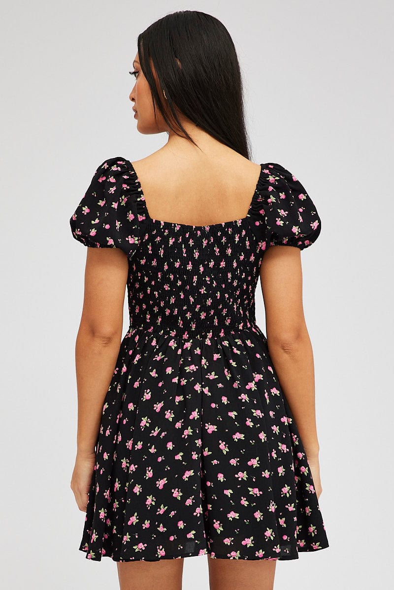 Black Floral Fit And Flare Dress Puff Sleeve Mini for Ally Fashion