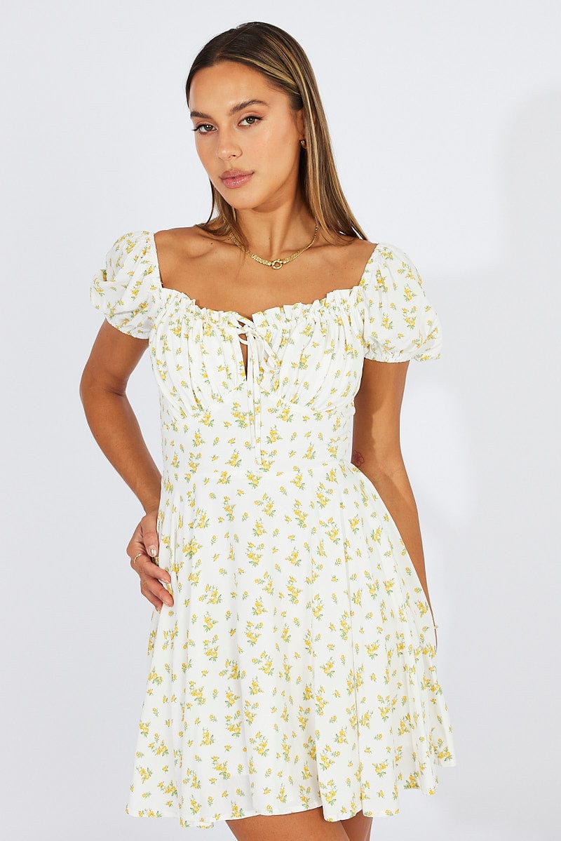 White Ditsy Fit And Flare Dress Puff Sleeve Mini for Ally Fashion