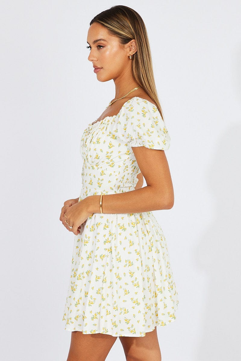 White Ditsy Fit And Flare Dress Puff Sleeve Mini for Ally Fashion