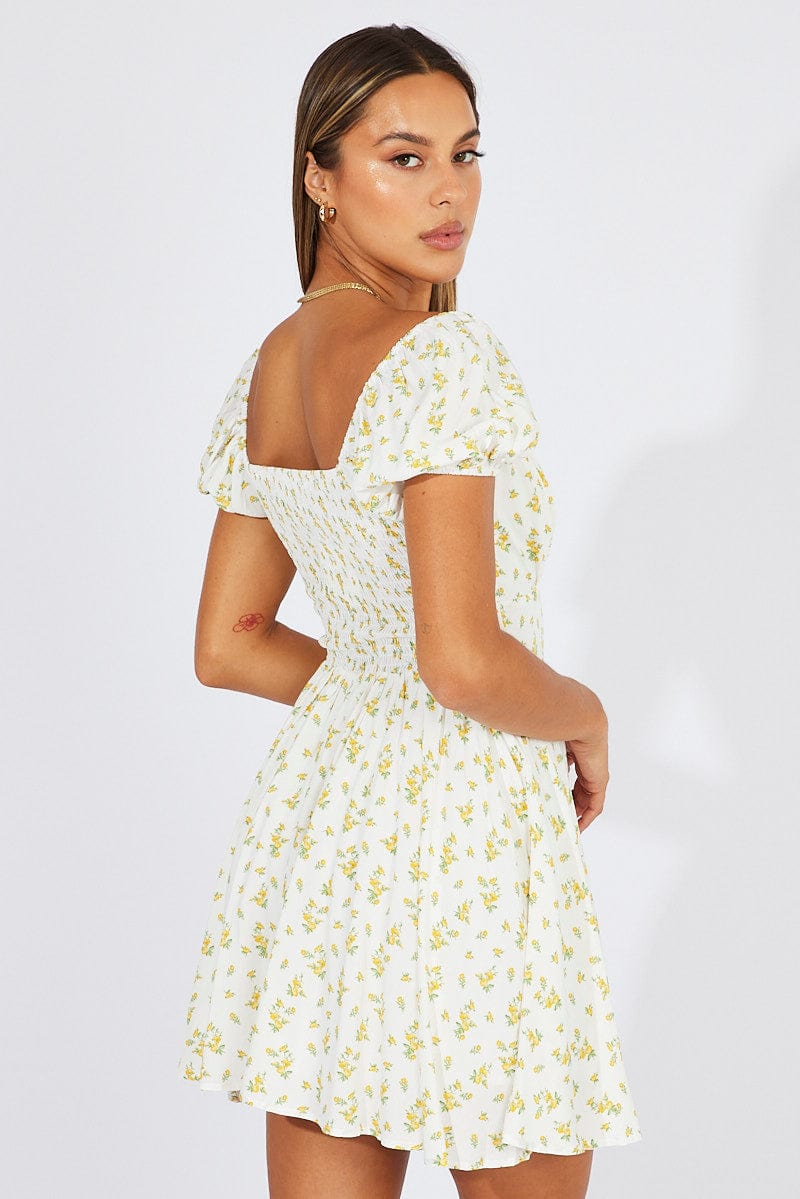 White Ditsy Fit And Flare Dress Puff Sleeve Mini for Ally Fashion