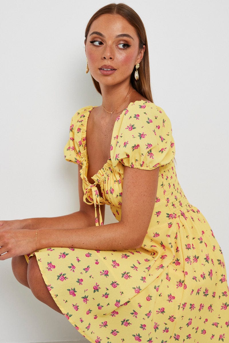 Yellow Floral Fit And Flare Dress Puff Sleeve Mini for Ally Fashion