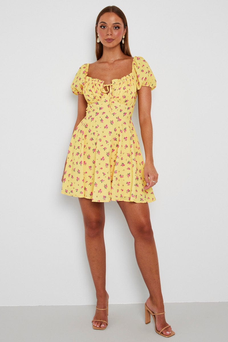 Yellow Floral Fit And Flare Dress Puff Sleeve Mini for Ally Fashion