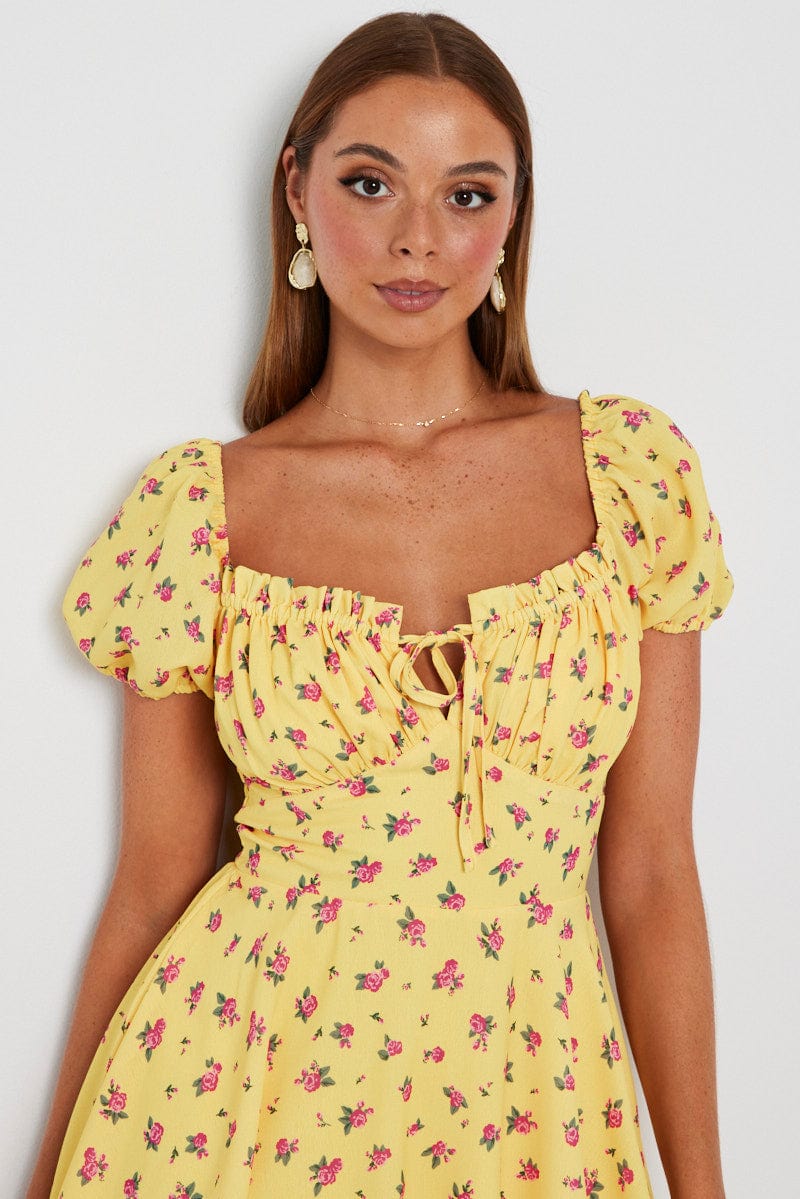 Yellow Floral Fit And Flare Dress Puff Sleeve Mini for Ally Fashion