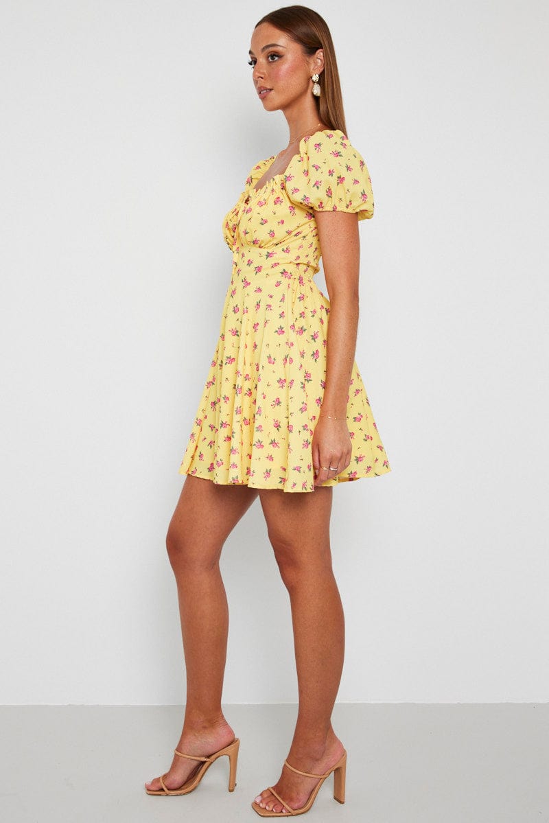 Yellow Floral Fit And Flare Dress Puff Sleeve Mini for Ally Fashion