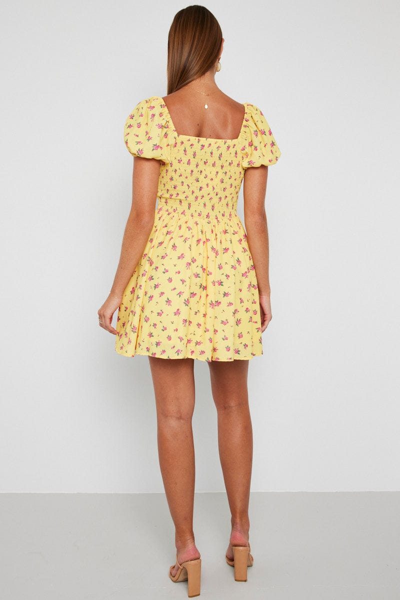 Yellow Floral Fit And Flare Dress Puff Sleeve Mini for Ally Fashion