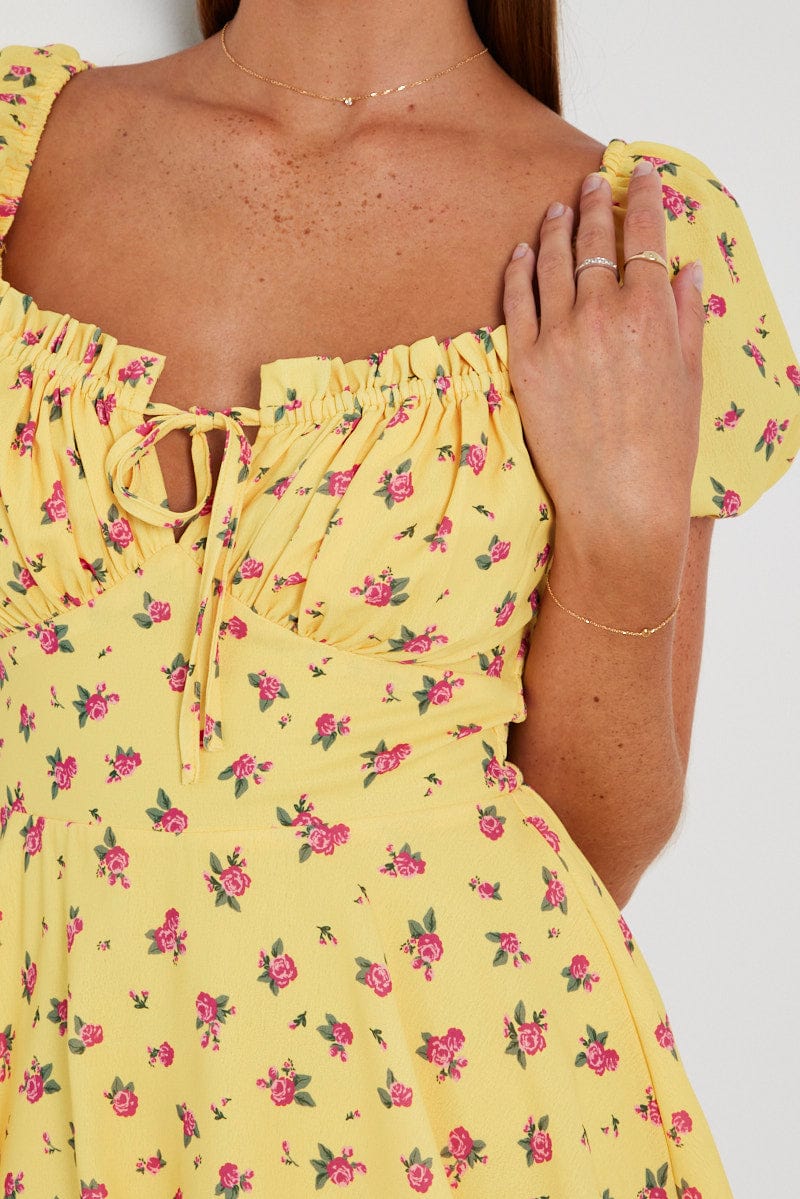 Yellow Floral Fit And Flare Dress Puff Sleeve Mini for Ally Fashion