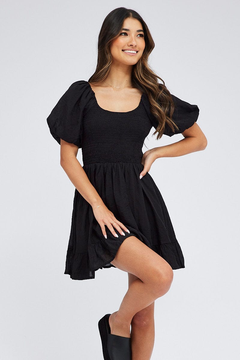 Black Fit And Flare Dress Shirred Bust Mini for Ally Fashion