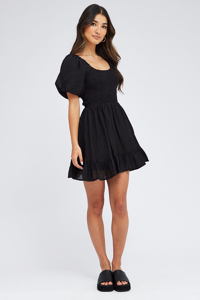 Black Fit And Flare Dress Shirred Bust Mini for Ally Fashion