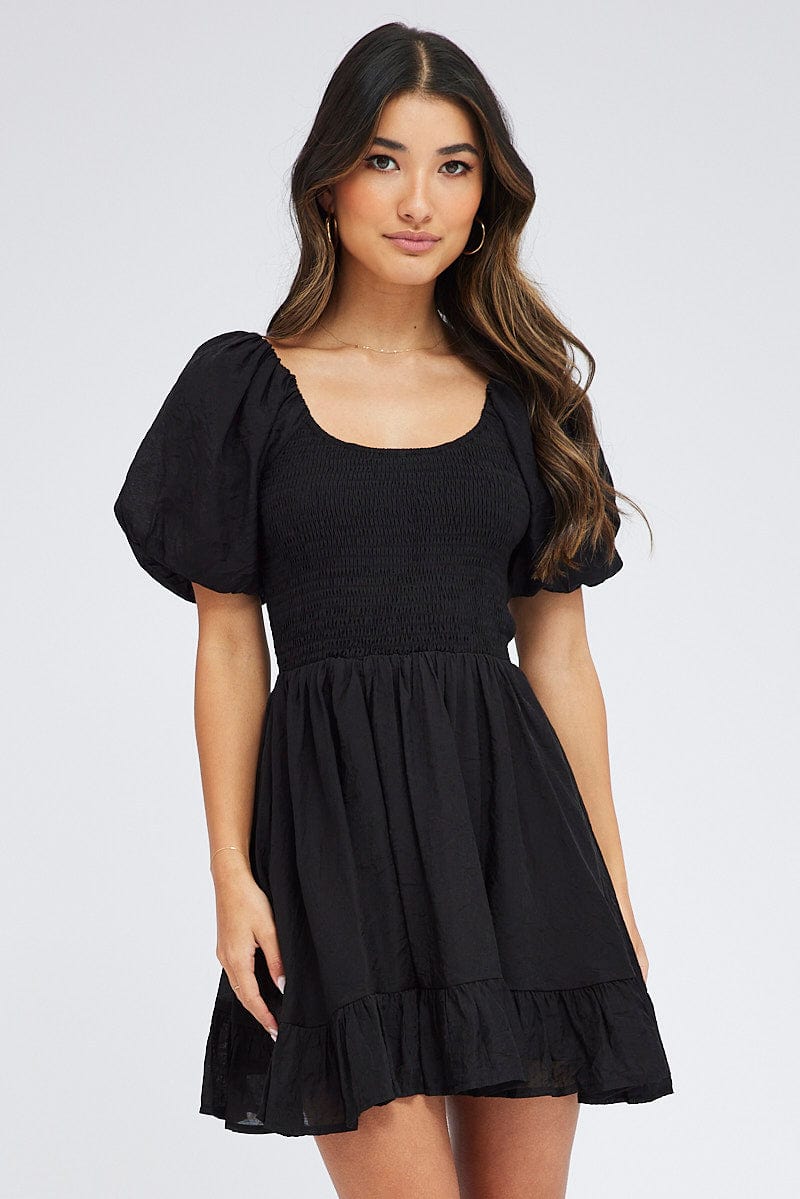 Black Fit And Flare Dress Shirred Bust Mini for Ally Fashion