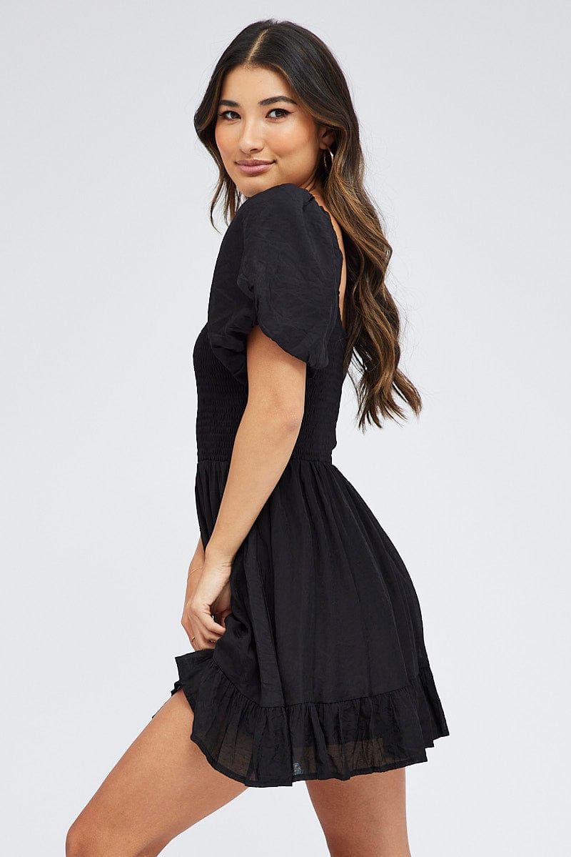 Black Fit And Flare Dress Shirred Bust Mini for Ally Fashion