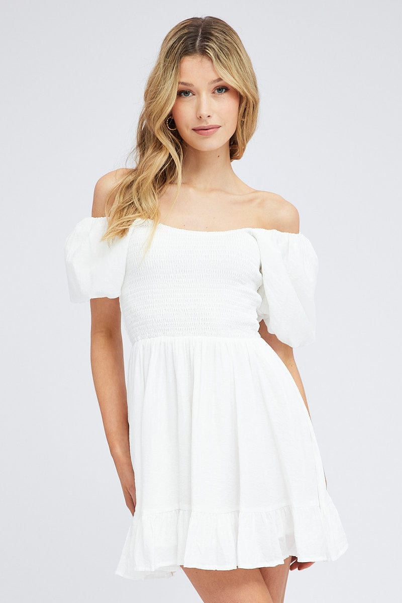 White Fit And Flare Dress Shirred Bust Mini for Ally Fashion