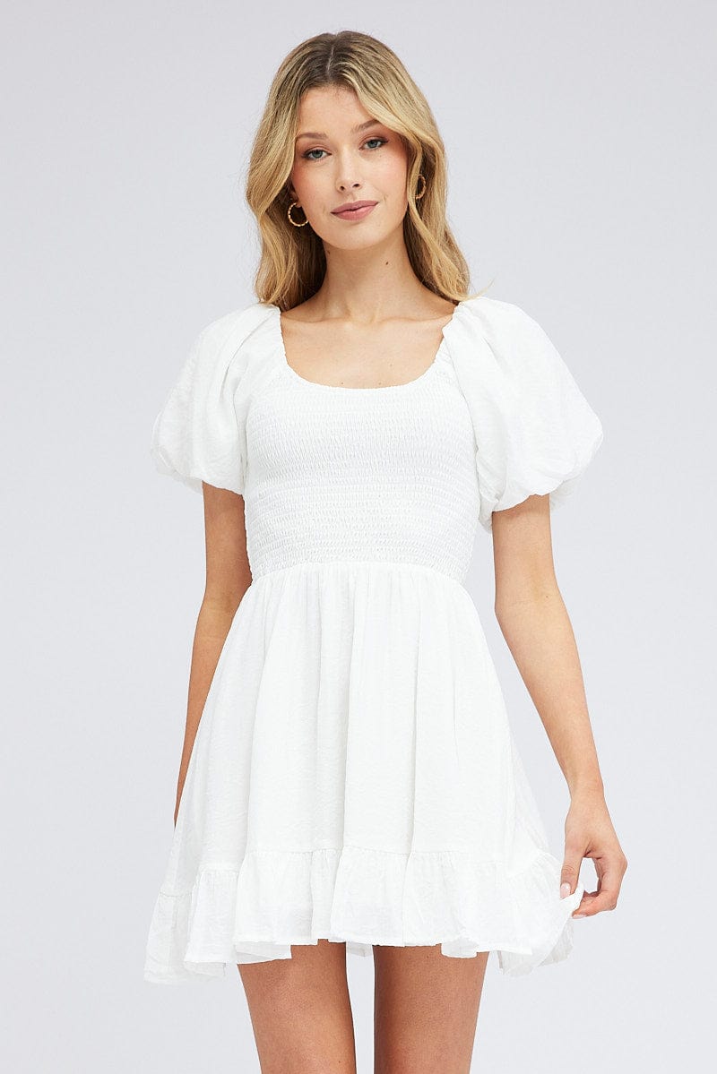 White Fit And Flare Dress Shirred Bust Mini for Ally Fashion