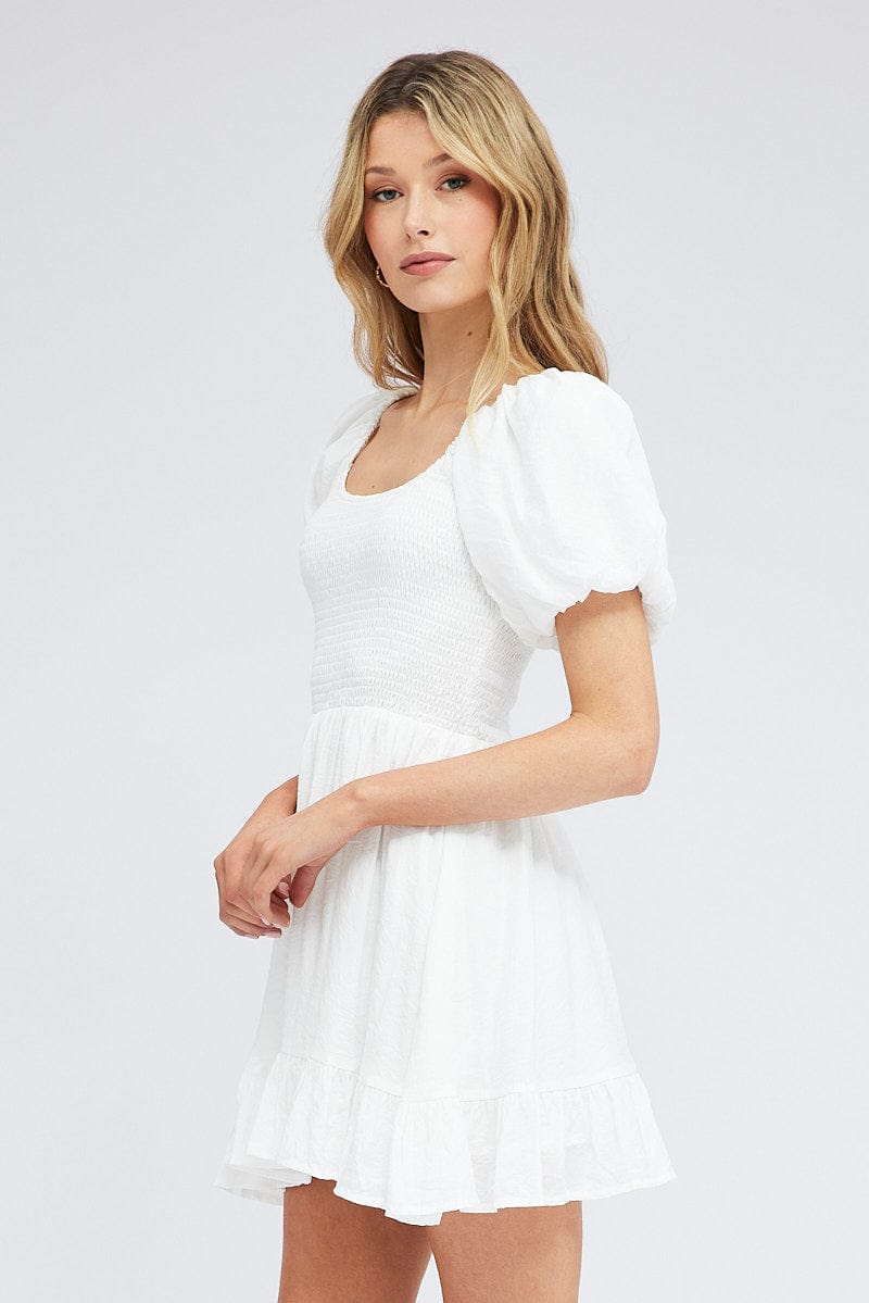 White Fit And Flare Dress Shirred Bust Mini for Ally Fashion