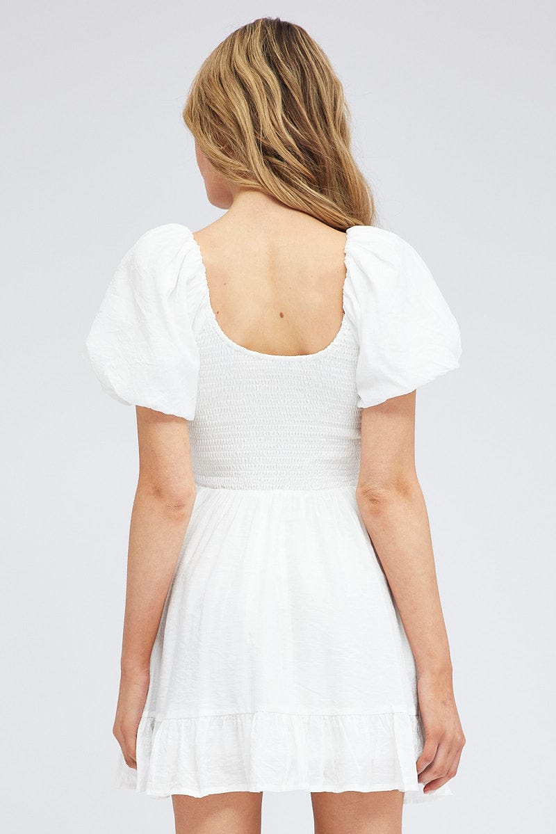 White Fit And Flare Dress Shirred Bust Mini for Ally Fashion