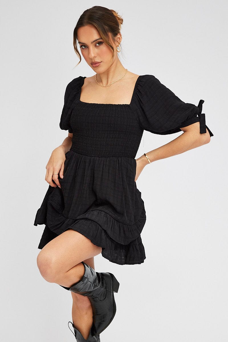 Black Fit And Flare Dress Puff Sleeve Mini for Ally Fashion