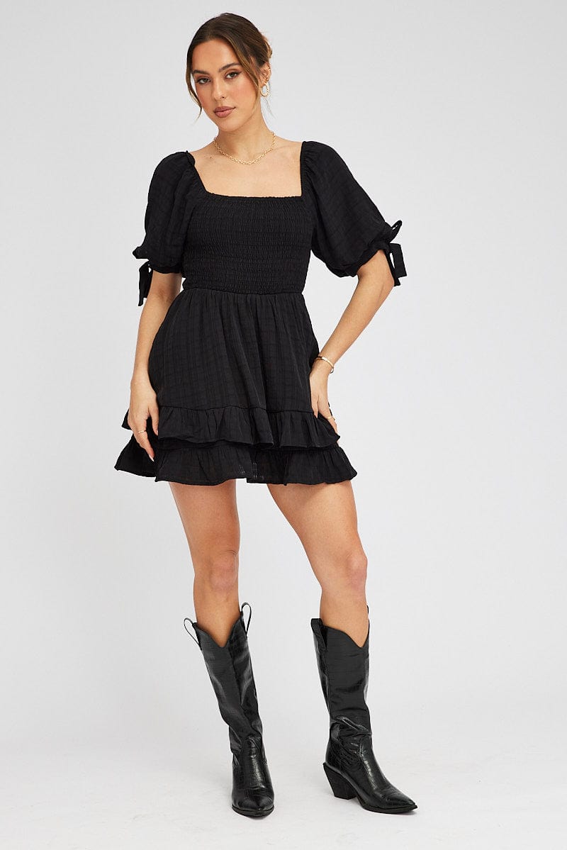 Black Fit And Flare Dress Puff Sleeve Mini for Ally Fashion