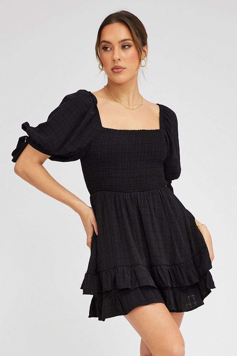 Black Fit And Flare Dress Puff Sleeve Mini for Ally Fashion