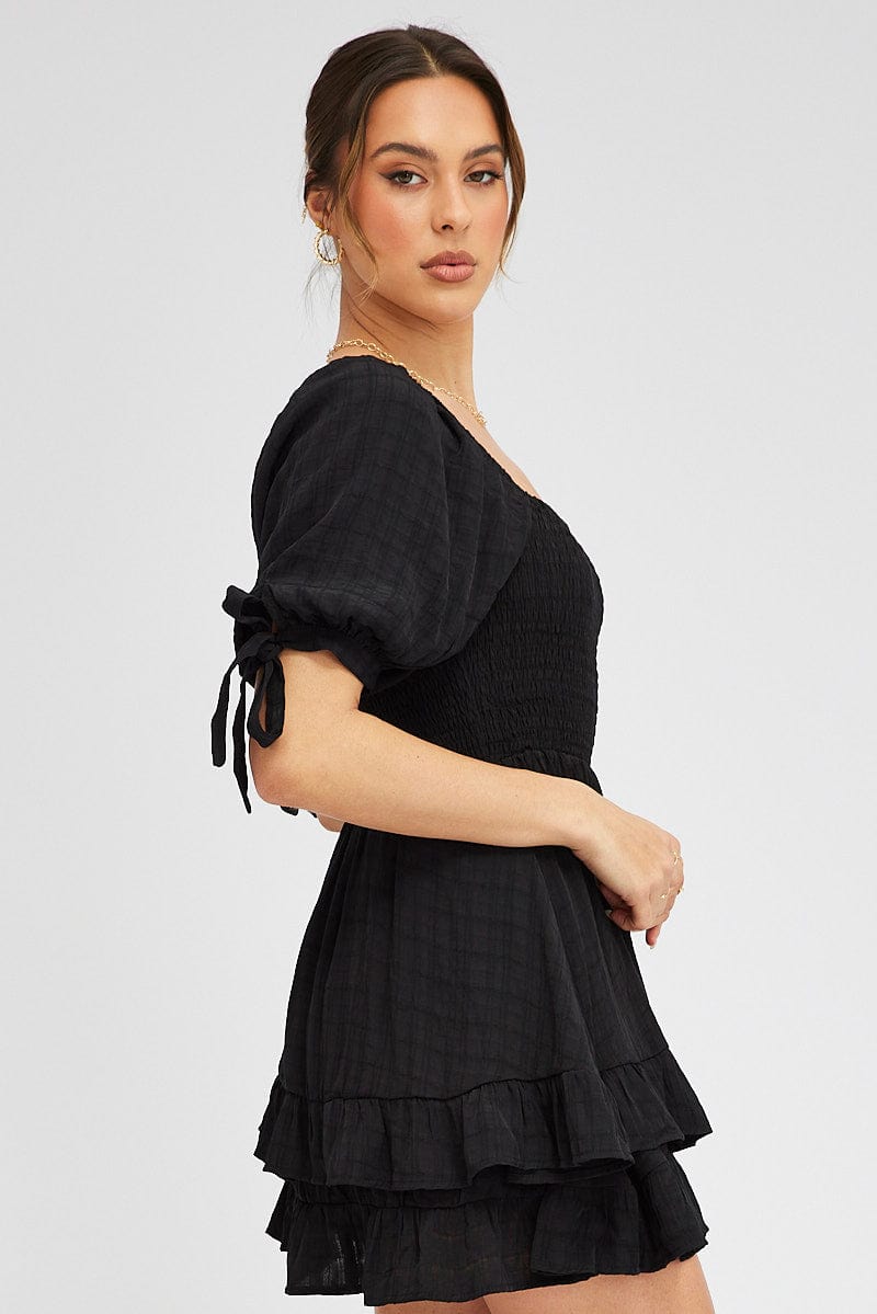 Black Fit And Flare Dress Puff Sleeve Mini for Ally Fashion