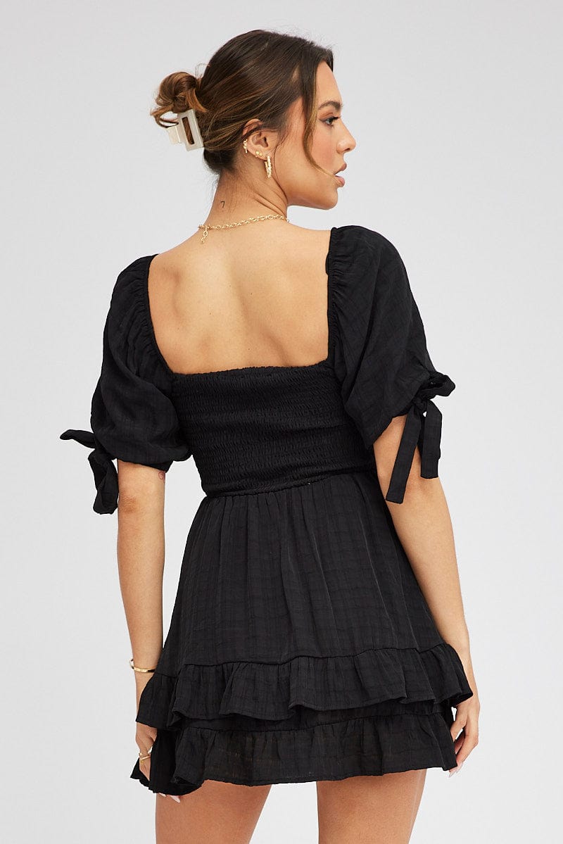 Black Fit And Flare Dress Puff Sleeve Mini for Ally Fashion