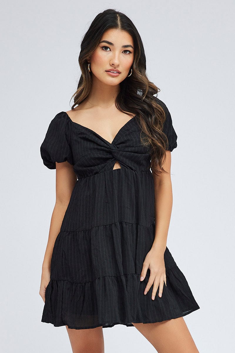 Black Fit And Flare Dress Puff Sleeve Mini for Ally Fashion