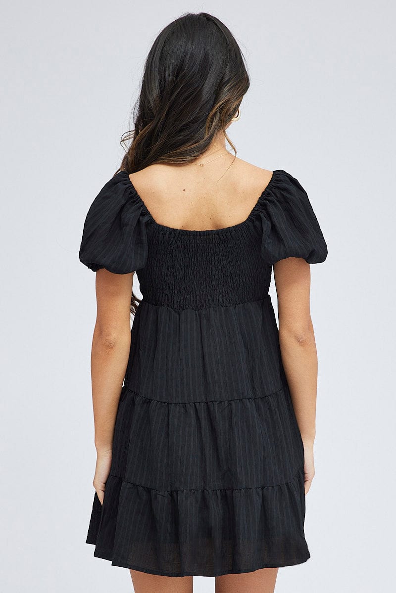 Black Fit And Flare Dress Puff Sleeve Mini for Ally Fashion