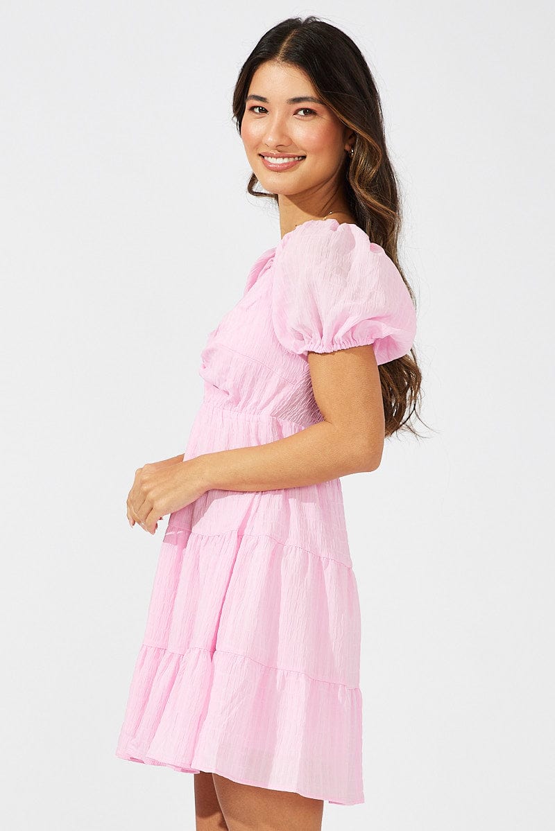 Pink Fit And Flare Dress Puff Sleeve Mini for Ally Fashion