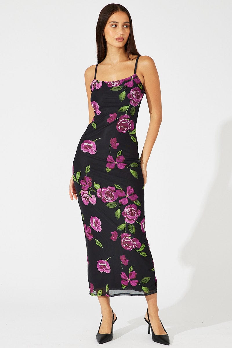 Black Floral Bodycon Maxi Dress Mesh for Ally Fashion