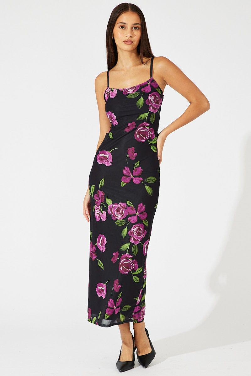 Black Floral Bodycon Maxi Dress Mesh for Ally Fashion