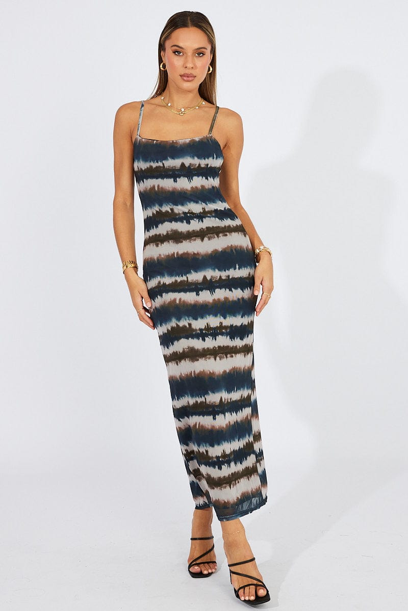 Brown Abstract Bodycon Maxi Dress Mesh | Ally Fashion