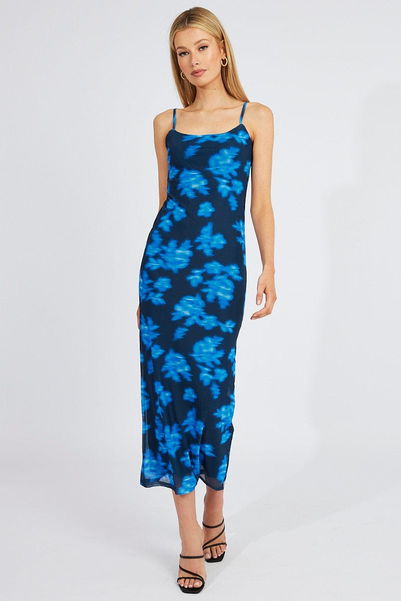 Blue Floral Bodycon Maxi Dress Mesh for Ally Fashion