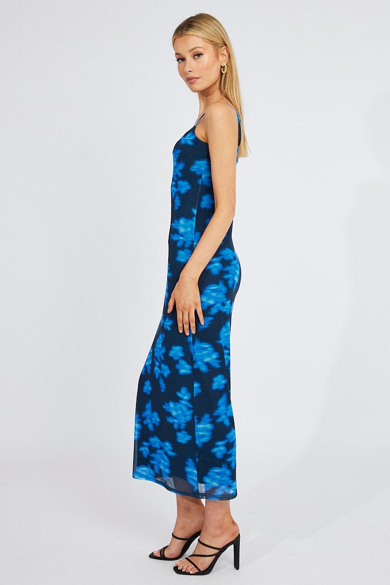 Blue Floral Bodycon Maxi Dress Mesh for Ally Fashion