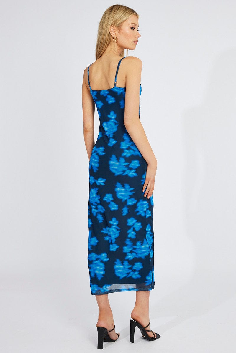 Blue Floral Bodycon Maxi Dress Mesh for Ally Fashion