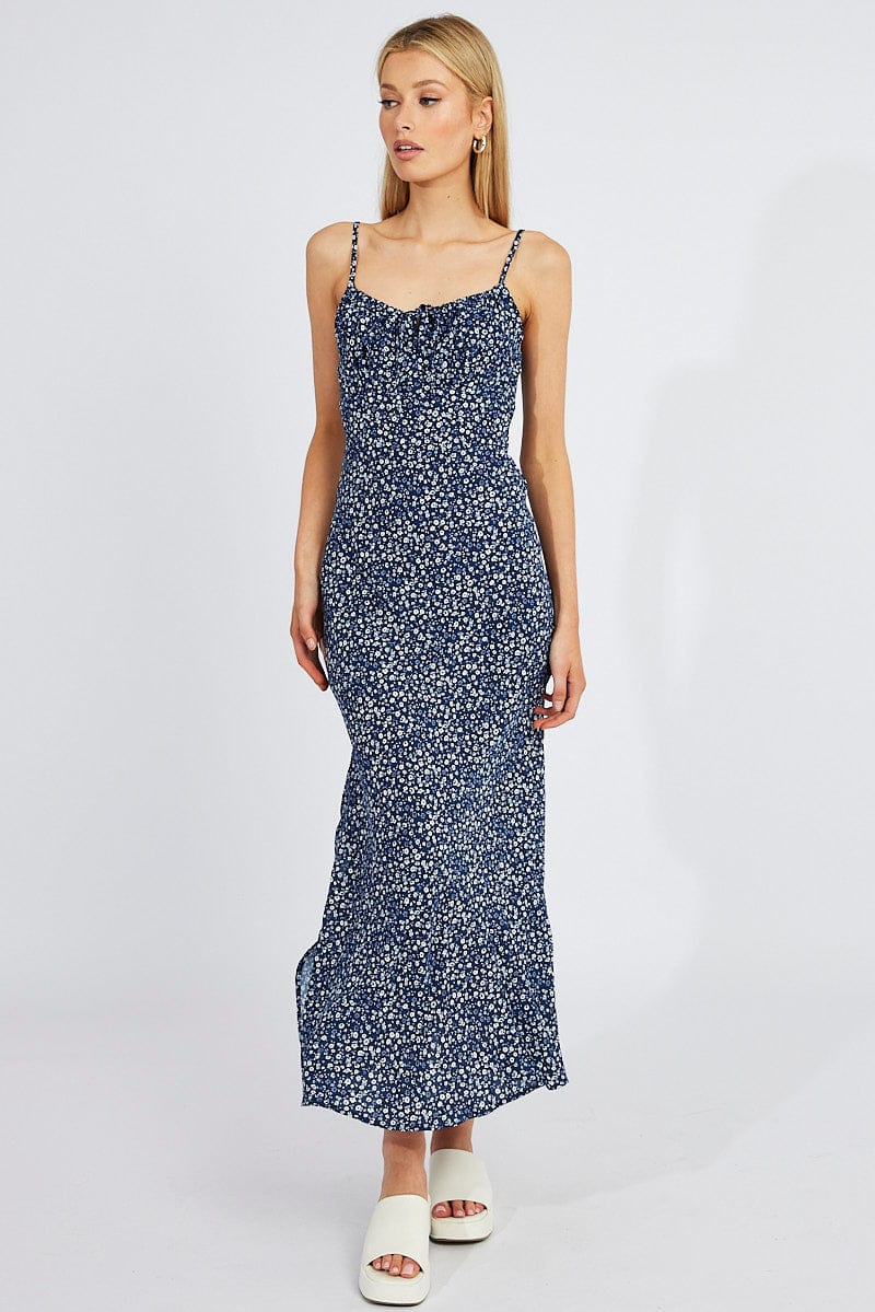 Blue Floral Midi Dress Gathering Bust Sleeveless for Ally Fashion