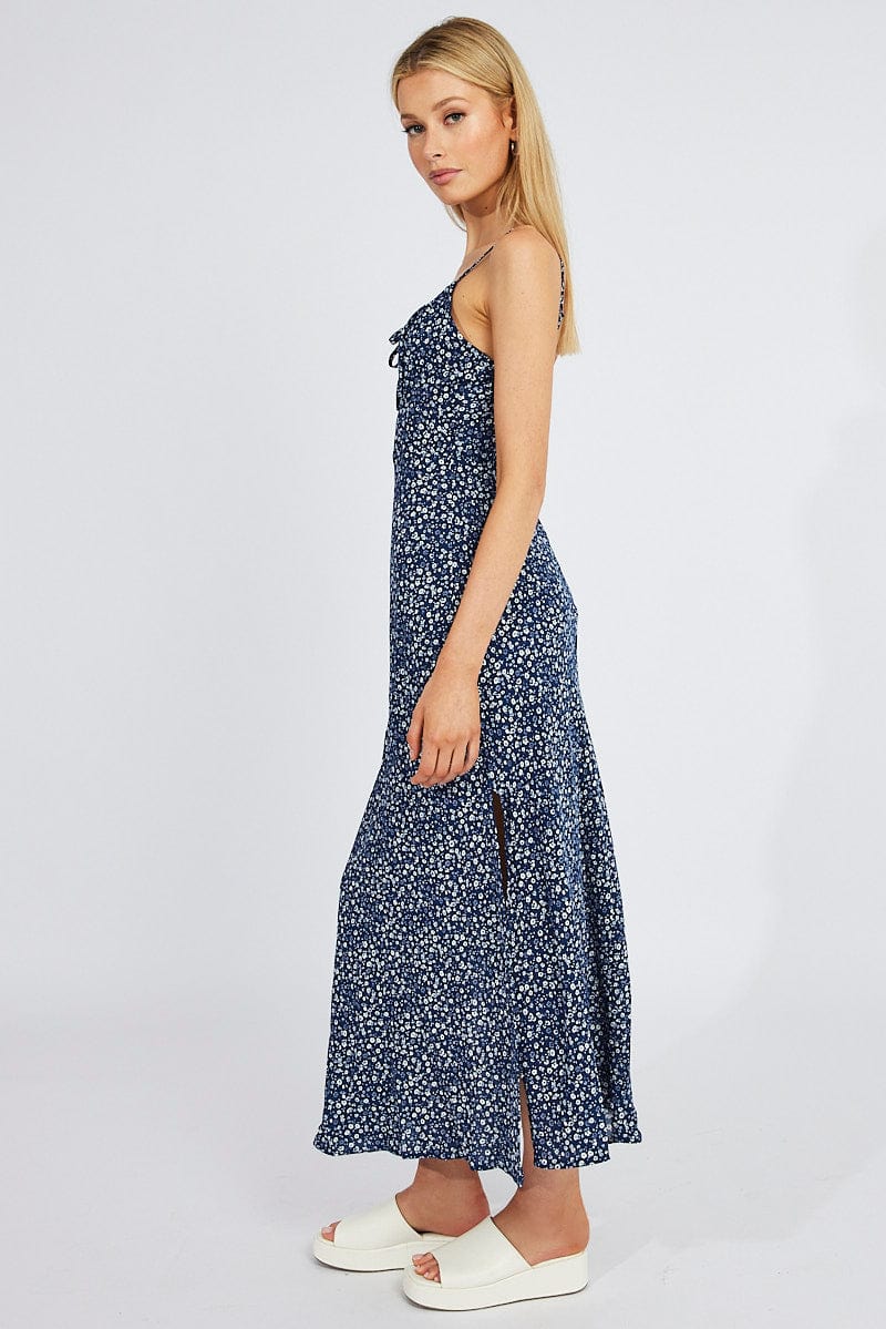 Blue Floral Midi Dress Gathering Bust Sleeveless for Ally Fashion